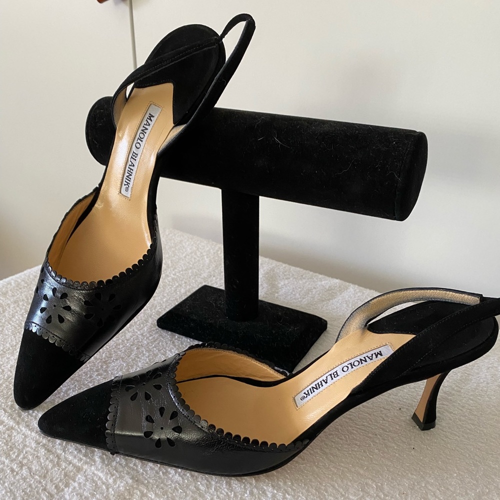 Manolo Blahnik black suede/leather sling backs, Sz 38.